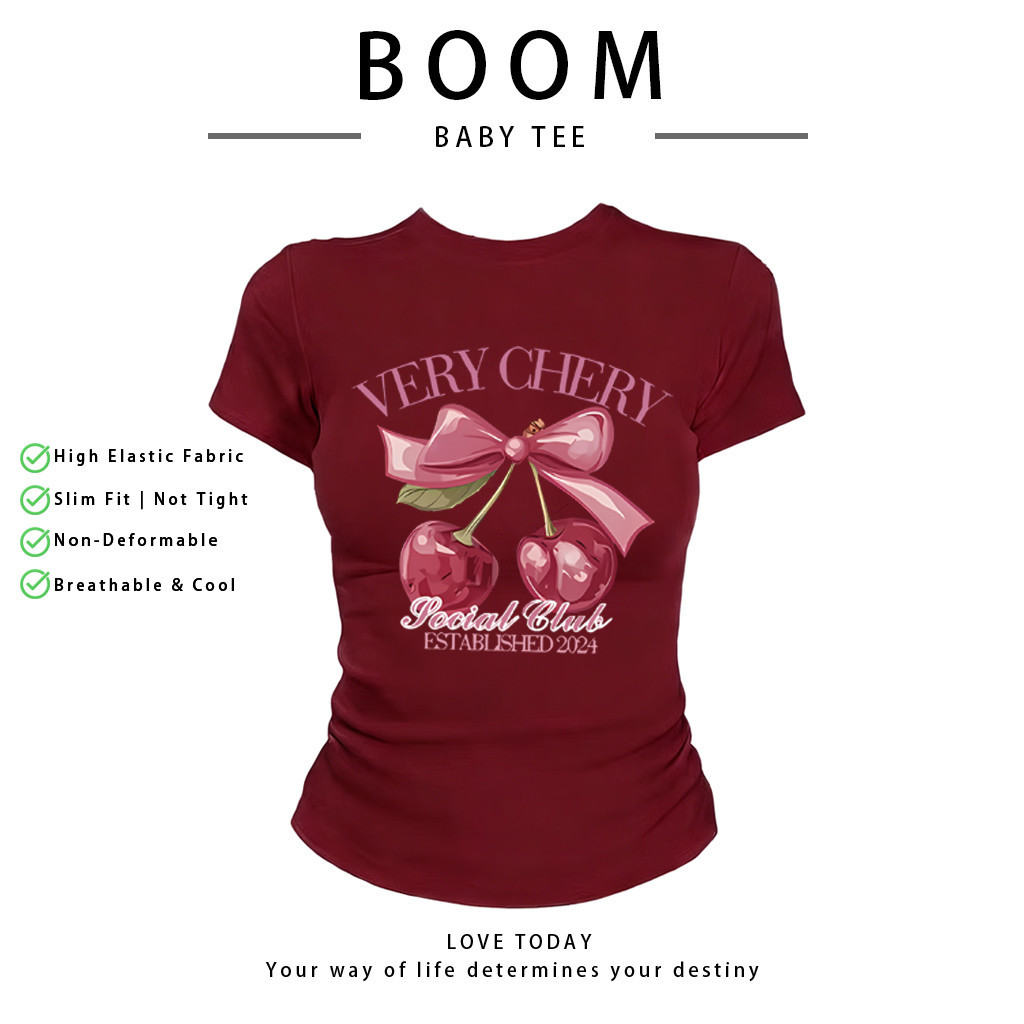 BOOM Áo Baby Tee Nữ Cotton Ôm Body-Áo Thun Ngắn Tay Y2K In Hình PhongCách Mùa Hè, Cổ Tròn Hàng Đầucách hàn quốc phongC39