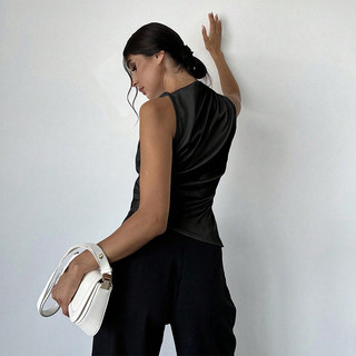 Nova-Áo vest satin cổ cao thanh lịch, vạt bất đối xứng, không tay, thời trang ôm sát dành cho nữ.