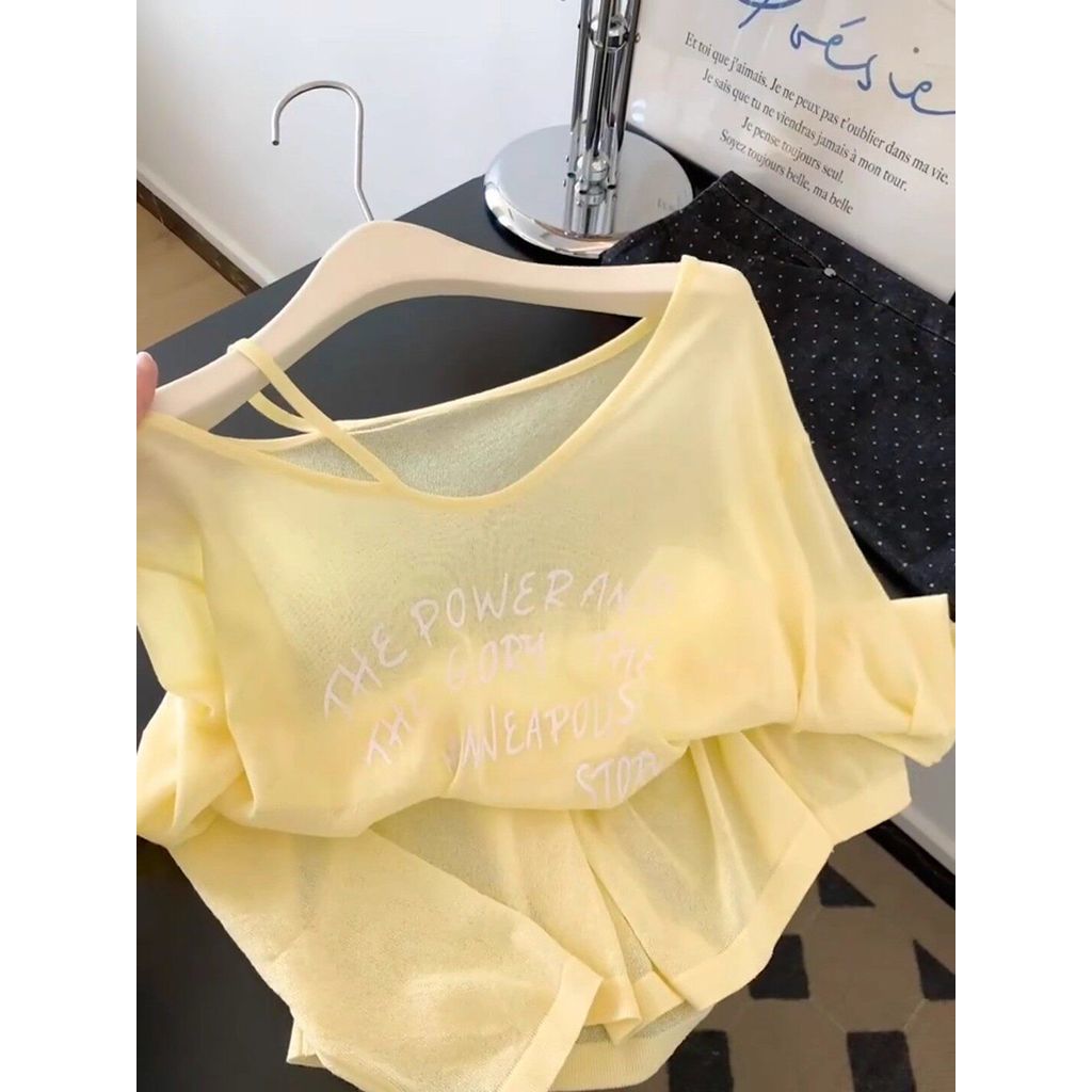 Milyfashion Island Kỳ nghỉ giải trí Kem chống nắng dài tay mỏng t Off-Shoulder Hơi trong suốt Dopamine Top