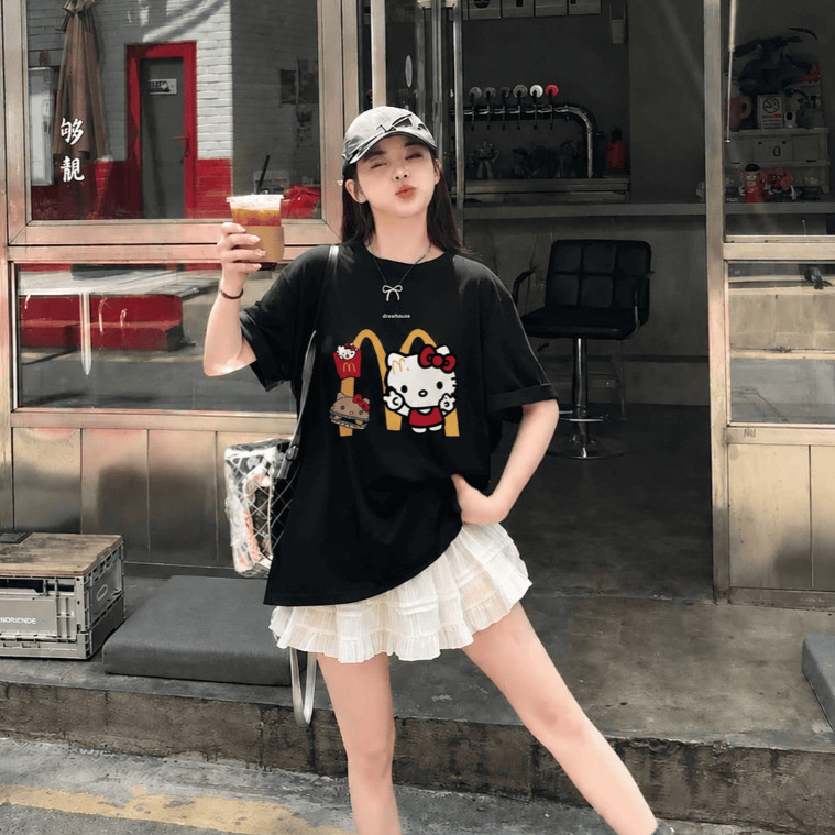 （Giao hàng 24h）Angela Áo Hello Kitty Cute Macdonald Chất Cotton 220gsm Co Giãn 2 Chiều Đứng