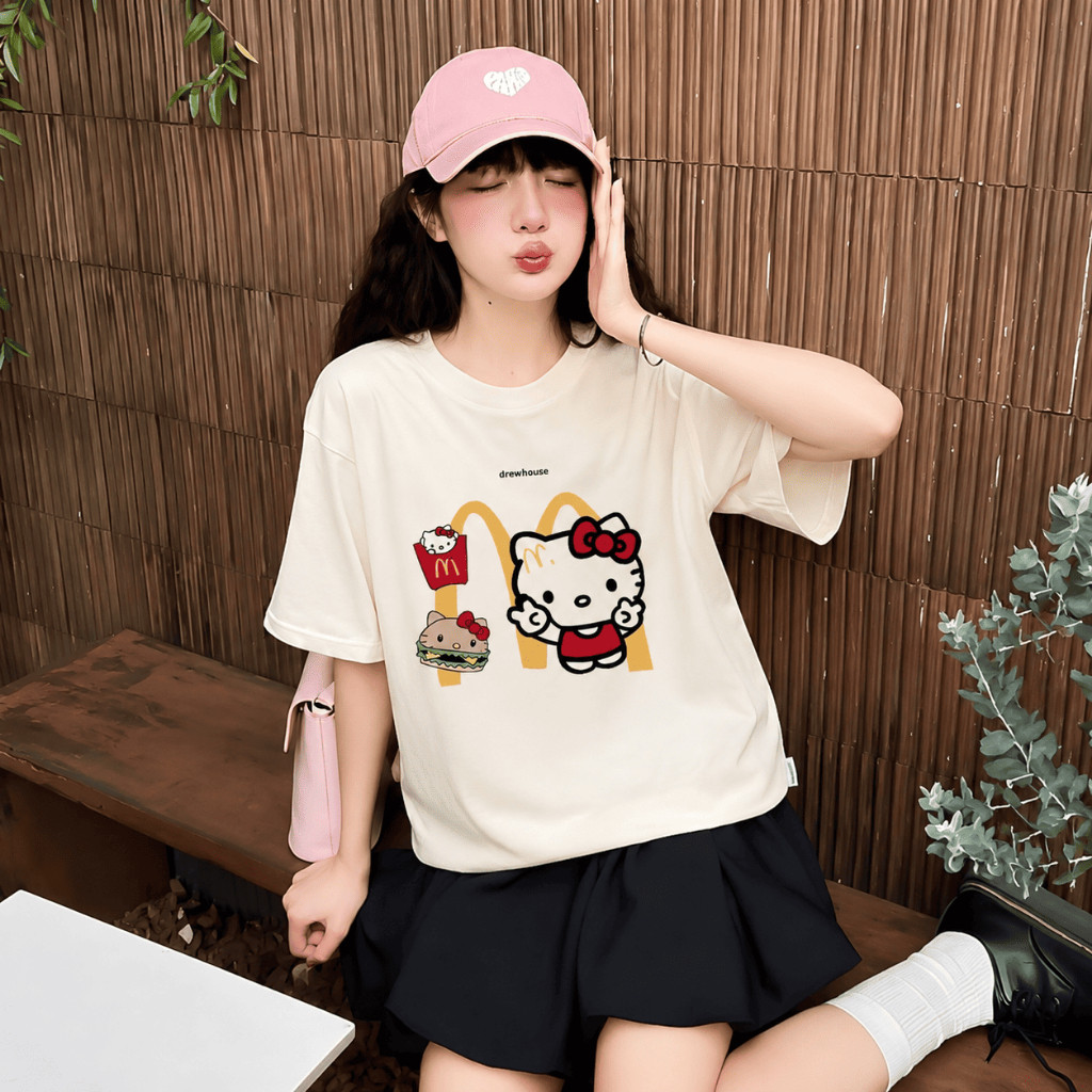 （Giao hàng 24h）Angela Áo Hello Kitty Cute Macdonald Chất Cotton 220gsm Co Giãn 2 Chiều Đứng
