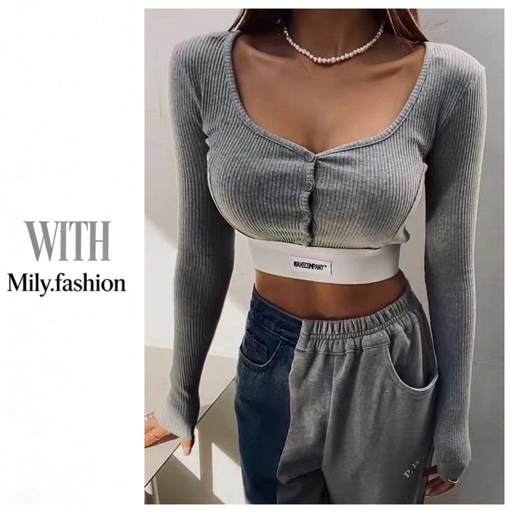 Milyfahion Màu Sắc Tương Phản Chắp Vá Webbing Ngắn Top Slim-fit Cổ Vuông Cắt Thấp T Áo Phông Cho Bé Dài Tay