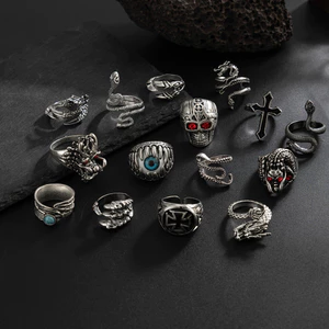 Bộ nhẫn bạc cổ điển 15 mảnh dành cho nam - Skull Snake Cross Dragon Gothic Punk Hip-Hop Retro Jewelry - Anti-Tarnish Comfort Fit