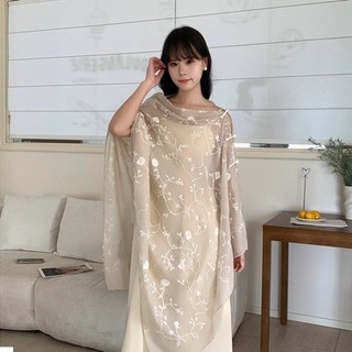 Khăn choàng thêu phong cách dân tộc có nút buộc, khăn đi biển chống nắng mùa hè mỏng, khăn lụa du lịch màu trắng dành cho nữ