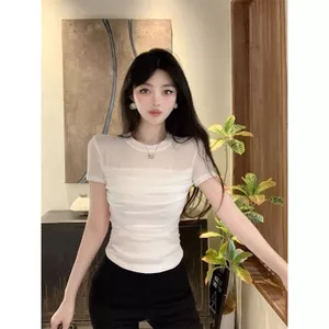 Phong cách mới Pure Desire Style Áo thun ngắn tay nữ cổ tròn thời trang mùa hè Áo sơ mi nhỏ xếp li mỏng hơn trông gợi cảm Sweet Hot Girl Slim @