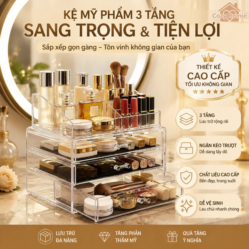 Hộp đựng mỹ phẩm 3 tầng PET trong suốt cấu trúc thang tiện lợi đựng nước hoa đồ nhỏ bàn làm việc