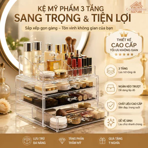 Hộp đựng mỹ phẩm 3 tầng PET trong suốt cấu trúc thang tiện lợi đựng nước hoa đồ nhỏ bàn làm việc