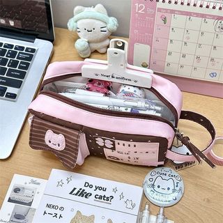 Hộp bút mèo cỏ bốn lá – Phong cách Hàn, dung tích lớn, nhiều ngăn – Dễ thương, sang trọng – Khóa kéo mượt, vải chắc