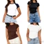 MAPLEPOET-Áo Crop top nữ Slim Fit mùa hè tay ngắn màu trơn cổ tròn áo Crop top