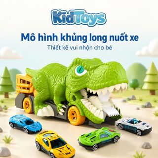 Bộ Khủng Long Nuốt 6 Xe Ô Tô Hợp Kim KidToys - Nhựa ABS Cứng Cáp Bé Chơi Thả Xe Vui Nhộn