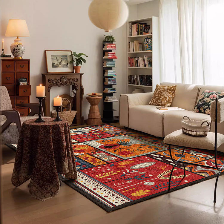 Thảm trải sàn nhung phong cách vintage Họa tiết ô vuông voi & hoa Dùng cho phòng khách, khu vực sofa – bàn trà Có thể giặt nước