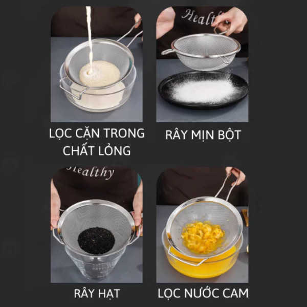 Rây Lọc Inox Cao Cấp Tay Cầm Cách Nhiệt, Lọc Thực Phẩm Nhanh và Tiện Lợi