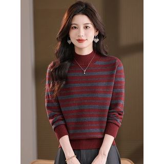 Áo len dệt kim sọc dài tay nữ thu đông Áo len nửa cổ cao Loo