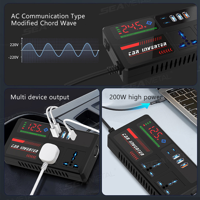 Bộ chuyển đổi ổ cắm ô tô di động SEAMETAL 12V / 24V sang 220V với 3 cổng USB Sạc nhanh Bộ sạc ô tô cho ô tô tự động, xe tải SUV RV
