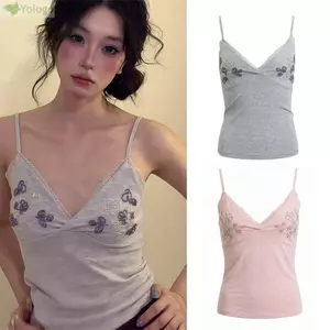 YOLOGO Áo hai dây ren, Áo cổ chữ V co giãn không tay, Áo hai dây đeo vai mỏng vừa vặn thêu hoa cho bé gái thời trang