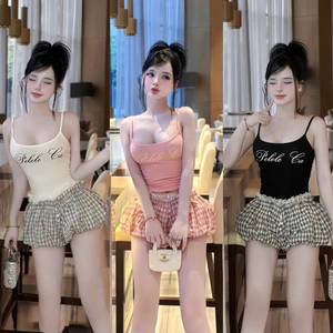 Set áo 2 dây in chữ mix quần sooc kê bồng ngắn BYJOLIE