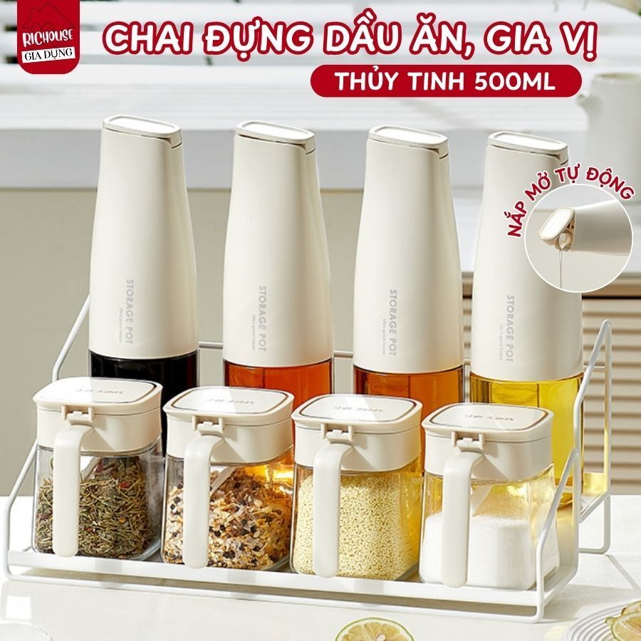 Chai Đựng Dầu Ăn Thủy Tinh 500ML HomeMate, Bình Rót Dầu Nắp Mở Tự Động Chống Tràn Tiện Lợi Nhà Bếp