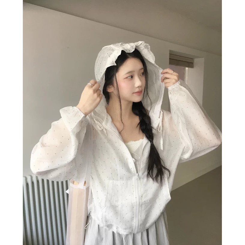 SUXI Áo khoác có mũ trùm đầu chống nắng chấm bi thông thường dành cho nữ mùa hè mới 260514