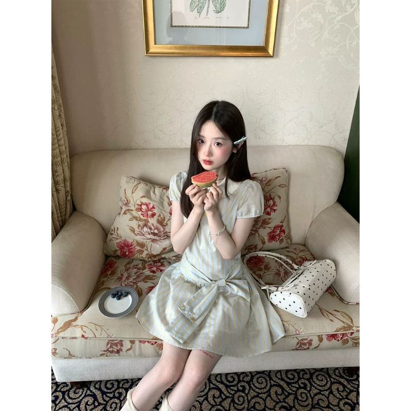 [Những điều tốt đẹp Hàng mới về] Cổ búp bê sọc ngắn tay phong cách ngọt ngào kiểu Pháp Váy ngắn hẹp mùa hè Phong cách mới Váy ngắn giảm tuổi nhỏ