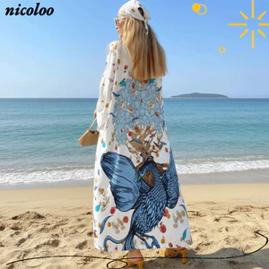 NICOLOO Bikini Cover-Up, Boho Open Front Beach Cover Up, Đầm Maxi dáng rộng in hình con công thời trang dành cho nữ