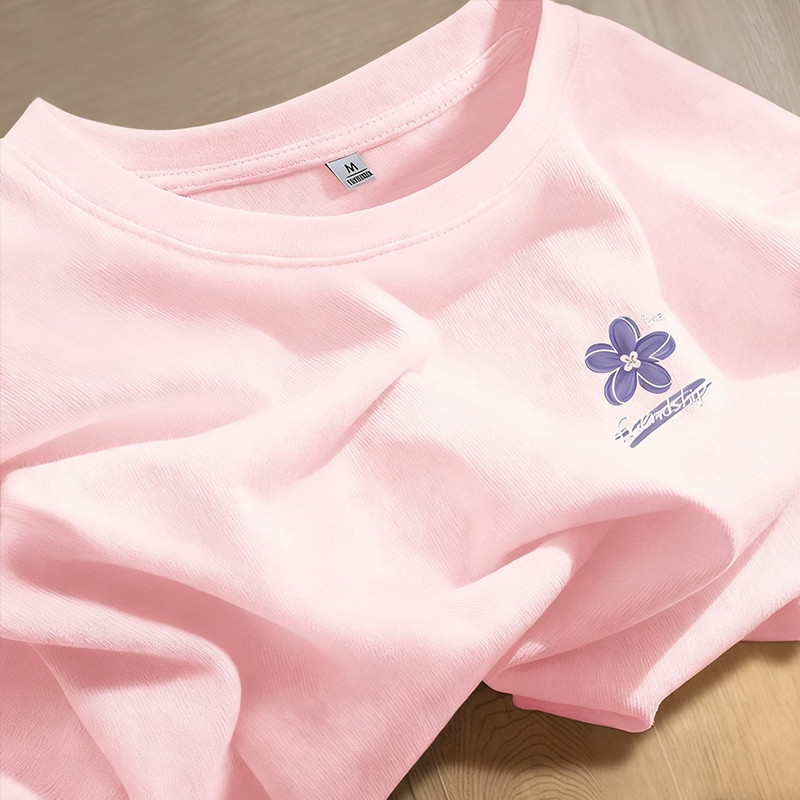 （Giao hàng 24h）Angela Áo thun nữ cổ trụ tay ngắn cotton phối họa tiết mới cho phong cách thời trang hàng ngày