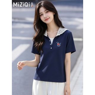 [MIZIQI] Áo thun ngắn tay có mũ trùm đầu bằng Cotton nguyên chất dành cho nữ, Áo hai mảnh thêu ren mùa hè