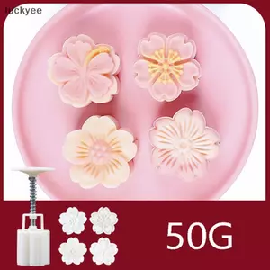 Luckyew 4 Cái / bộ Khuôn Bánh Trung Thu Hoa Anh Đào Hoa Họa Tiết Hoa Sakura Tem Tay Bấm Khuôn Pít Tông Bánh Ngọt Dụng Cụ TQ
