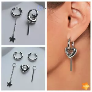 Bông tai mặt dây chuyền hình trái tim Zircon màu hồng ngọt ngào dành cho nữ Hình học đơn giản Tai tròn Bule Phụ kiện trang sức thời trang Quà tặng mới