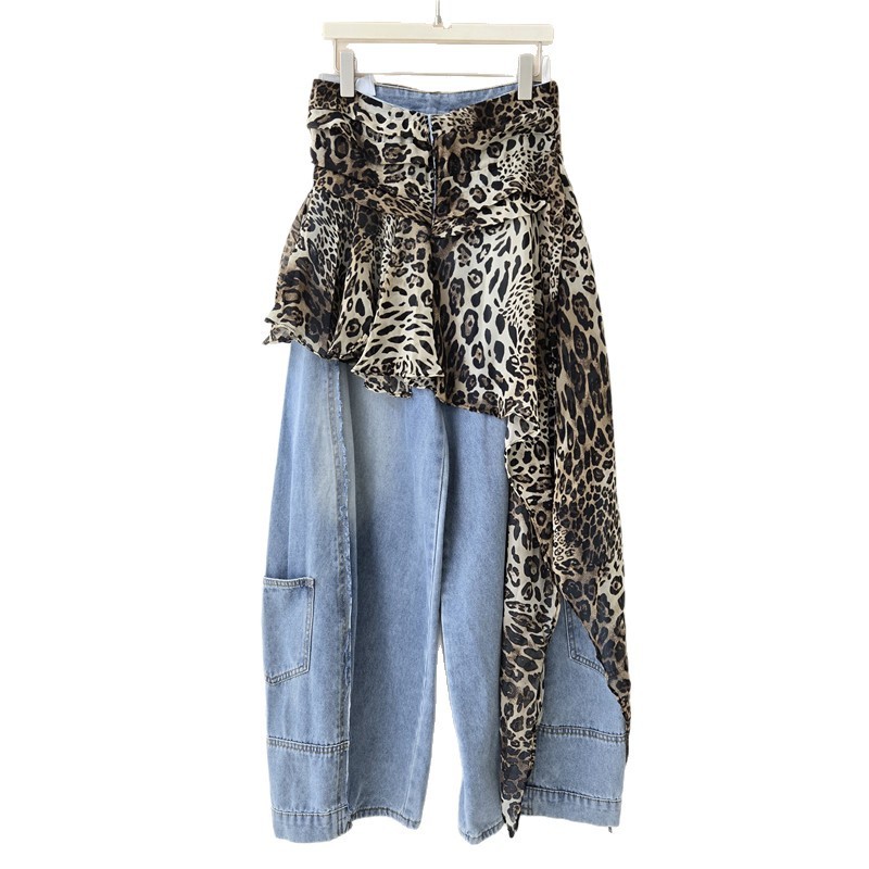 2026 Xuân Thu Thiết Kế Sense Niche Giải Cấu Trúc Da Báo Khâu Váy Denim Nữ Hot Girl Streamer Màu Sắc Tương Phản Rộng-Le