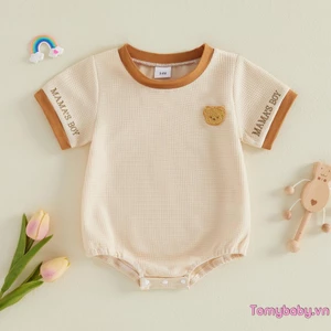 Bộ áo liền quần bé trai mùa hè tay ngắn thêu chữ gấu Bộ áo liền quần dệt kim có vách ngăn
