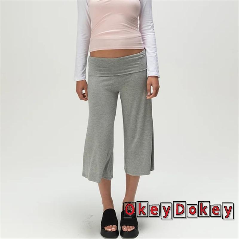 ODokey-Nữ Gấp Qua Eo Capri Thời Trang Thường Ngày Màu Trơn Thấp Nâng Chân Rộng Quần Crop