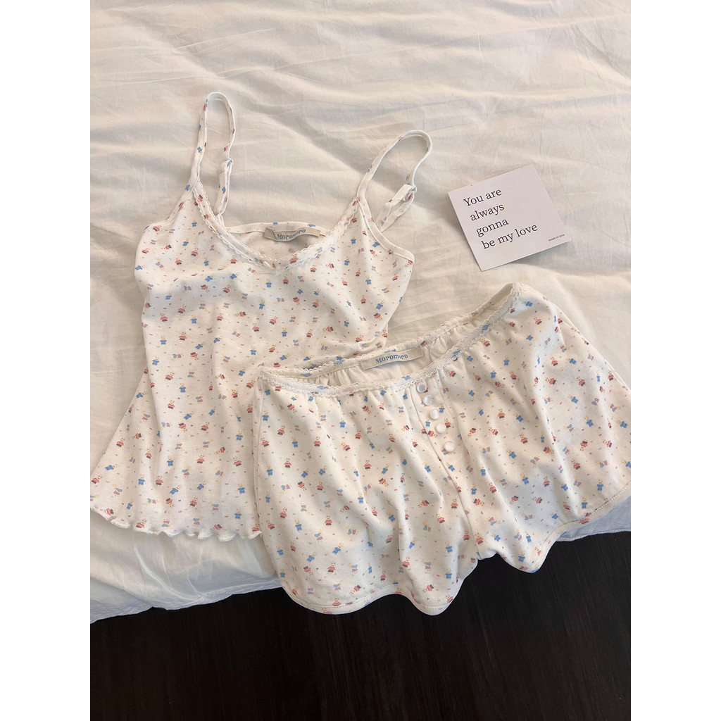Bộ đồ ngủ in hình gấu phong cách Hàn Quốc Pure Desire Home Wear | Cố định Cup Sling Sweet Girl Quần short Áo ngực dễ thương Đồ ngủ mùa hè lười biếng