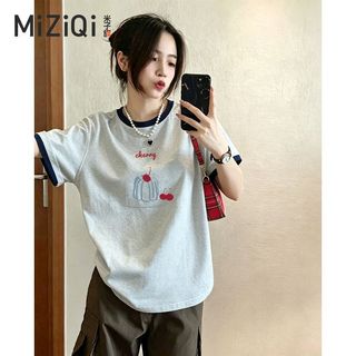 [MIZIQI] Áo thun ngắn tay Cotton nguyên chất màu tương phản dành cho nữ, Áo thun nữ dáng rộng thon gọn hơn