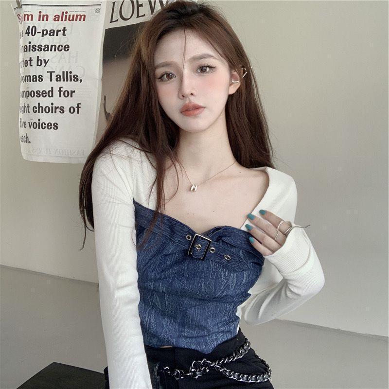 Ngọt Cay Khâu Denim Dài Tay Giả Hai Mảnh Đáy Áo Sơ Mi Nữ Mùa Thu Thiết Kế Niche Pure Desire Ngắn Top