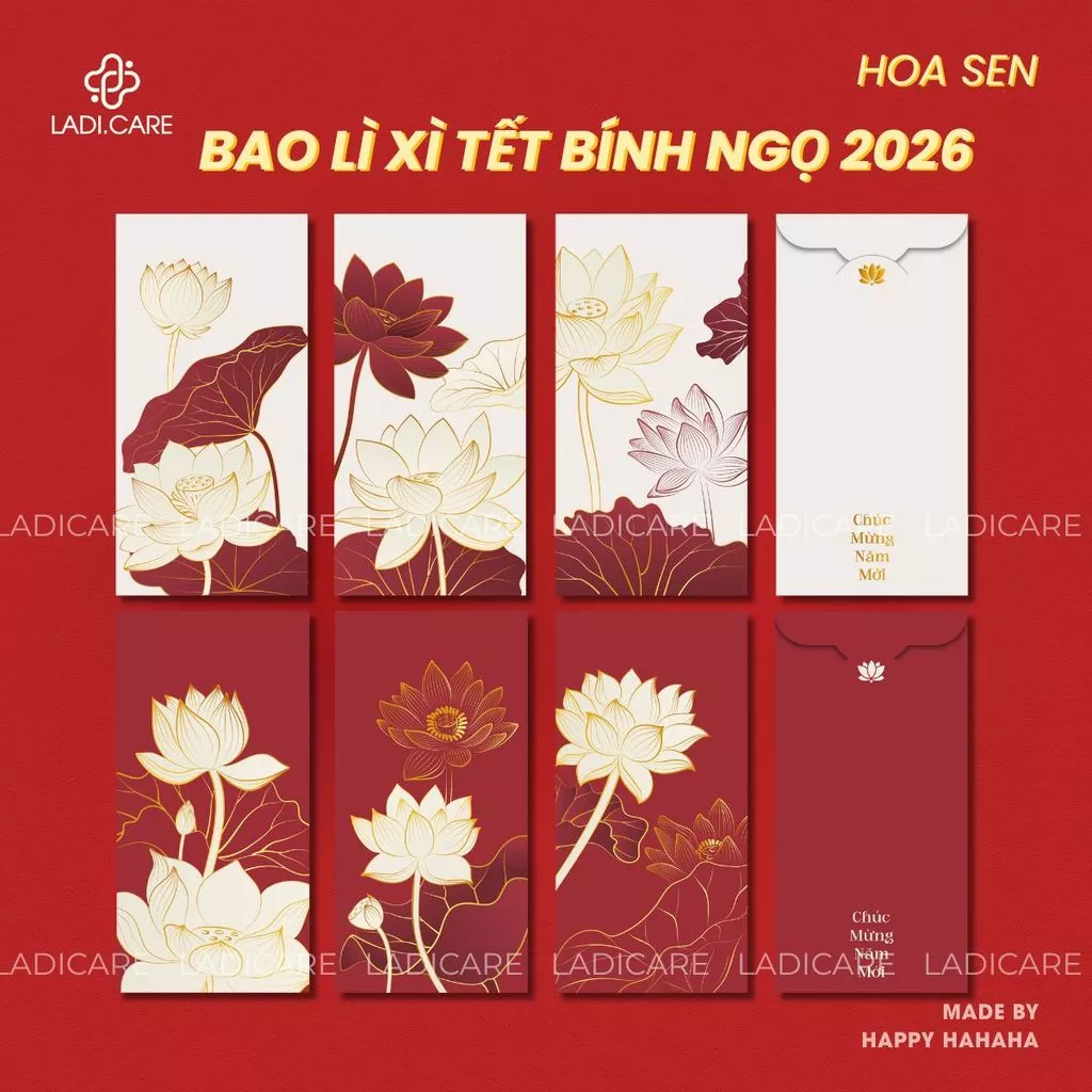 Set Bao Lì Xì Tết Bính Ngọ 2026 – Mẫu Thiết Kế Độc Quyền Hoa Nhí, Xuân Ánh Nguyệt, Giấy C150 Dày Cán