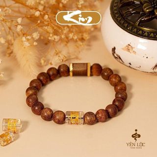 Vòng tay trầm hương ĐTV 10K mix Om mani Trầm Hương Yên Lộc THYL121 (Mua một, tặng một Hộp Gấm, dây dự phòng, 2 hạt trầm)