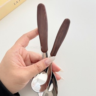 18-10 Thìa Inox Giả Tay Cầm Bằng Gỗ Thìa Ăn Người Lớn Trẻ Em Cho Bé Thực Phẩm Bổ Sung Thìa Ánh Sáng Sang Trọng Househ