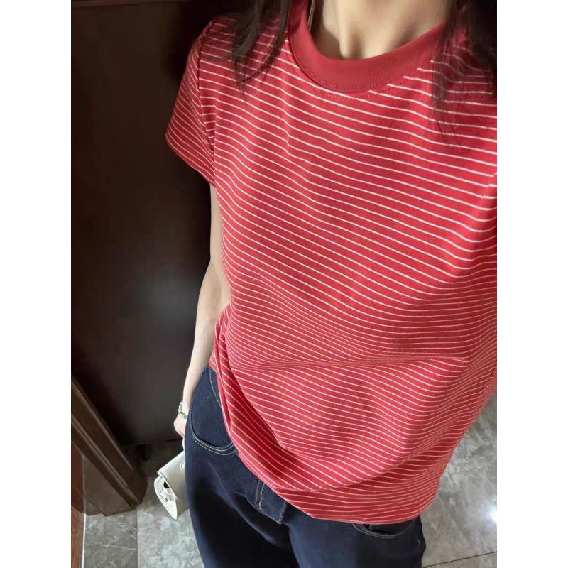 [Hàng mới về] [Sọc trắng] Áo thun ngắn tay dáng ôm phong cách Hàn Quốc dành cho nữ Siêu Hot Slimer Look Top