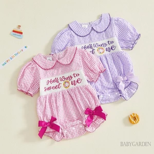 Bé Gái Sinh Nhật Áo Liền Quần Kẻ Sọc In Chữ Donut Thêu Tay Ngắn Cổ Búp Bê Jumpsuit