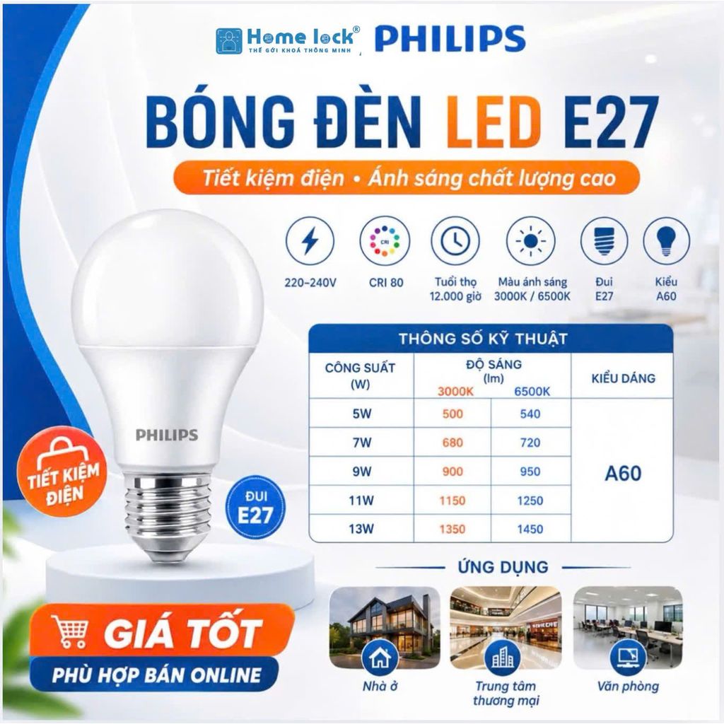Bóng đèn LED PHILIPS tiết kiệm điện Essential E27 5W 7W 9W 11W 13W (vàng, trắng) (01 bóng) - Đèn Philips HOME LOCK VIP