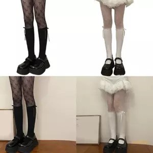 Exhila Nữ Sheer Fishnet Lưới Quần Phong Cách Nhật Bản Thanh Lịch Ruffle Dài Tất Chắp Vá Quần Ngọt Nơ Cổ
