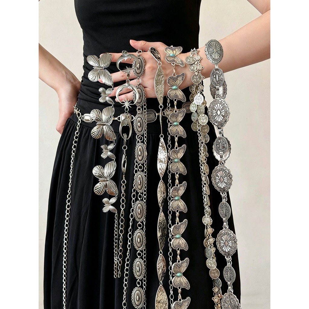 Dây đeo thắt lưng cổ điển bằng kim loại bạc phong cách mới Thắt lưng phong cách dân tộc Bohemian cao cấp