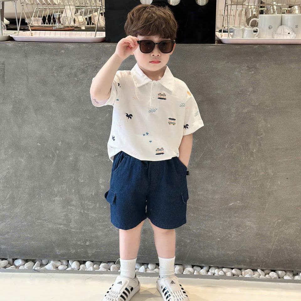 Bộ quần áo polo in Ô tô quần giả bò  cho bé trai, cotton mềm mát, thiết kế nam tính