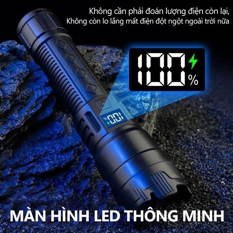 Đèn pin siêu sáng, chống nước IPX7, sạc nhanh USB, thời lượng pin dài, kích thước nhỏ gọn, dễ mang theo, bền bỉ.