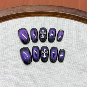 Màu Tím Đậm Chữ Thập Handmade Đeo Móng Tay Đêm Màu Tím Mắt Mèo Chữ Thập Ngọt Ngào Mát Cô Gái Nóng Làm Trắng Da Có Thể Tháo Rời Làm Móng Tay