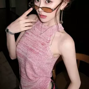 Áo Vest dệt kim màu hồng ngọt ngào phong cách dễ thương Hàn Quốc mùa hè Phong cách mới Slim-fit Slimmer Look Áo khoác ngoài không tay mỏng