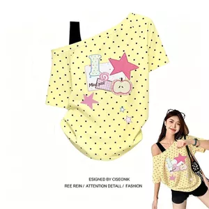 Dạo Phố Nặng Cotton Nguyên Chất Giả Hai Mảnh Chấm Bi Áo Thun Nữ Mùa Xuân Sữa Vàng Dopamine Tất Cả Trận Đấu Rời Top 5.19