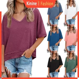 Áo thun cơ bản mùa hè dành cho nữ KIN Áo thun cổ chữ V tay ngắn dáng rộng và mỏng manh Thiết kế giản dị và hiện đại