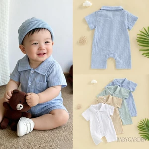Áo liền quần mùa hè cho bé trai Áo liền quần sọc họa tiết màu trơn Nút xuống áo liền quần ngắn tay