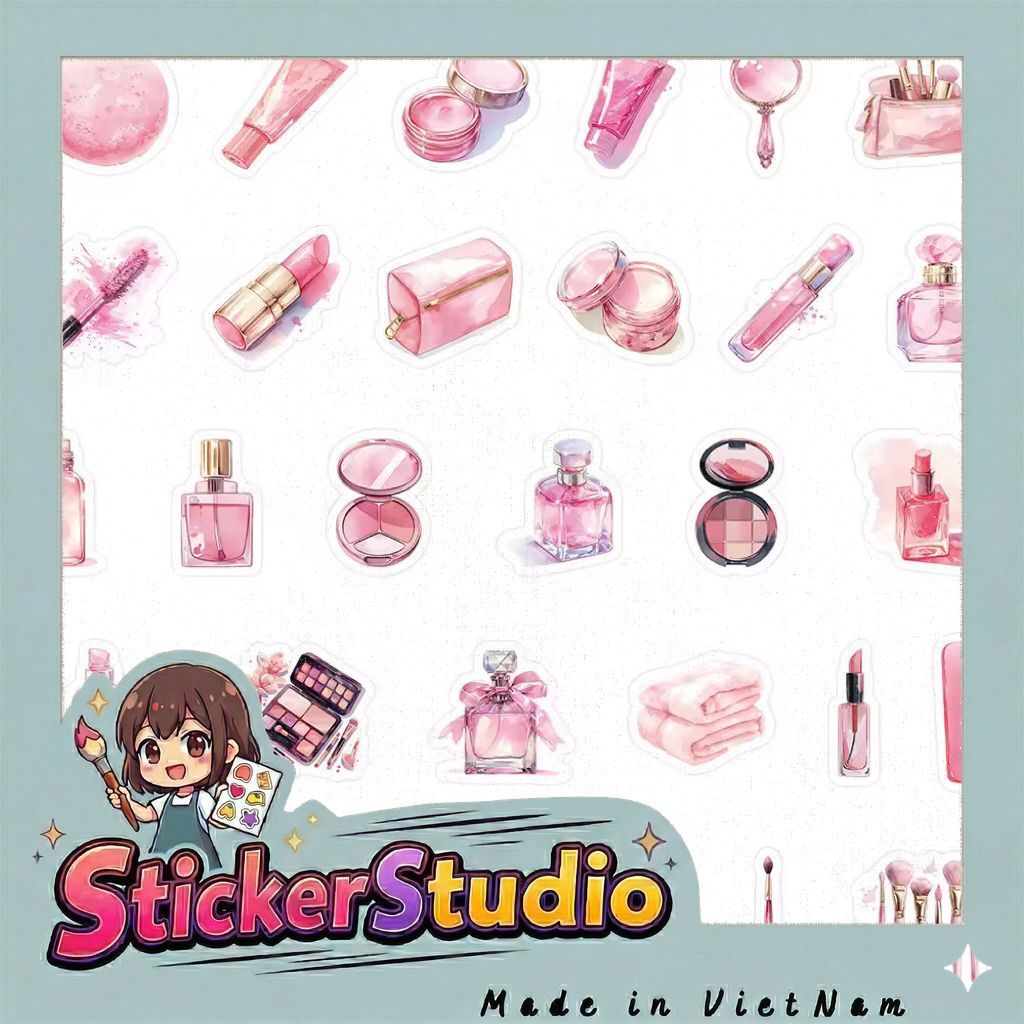 sticker đồ makeup màu hồng tiểu thư